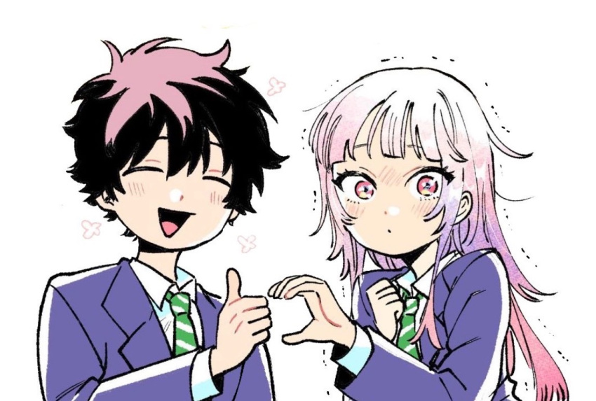 1boy, 1girl, blazer, blunt_bangs, blush, closed_mouth, commentary, green_necktie