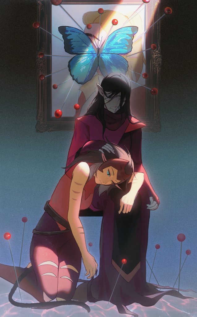 2girls, adora_(she-ra), animal_ears, black_hair, bug, butterfly, cat_ears, cat_girl