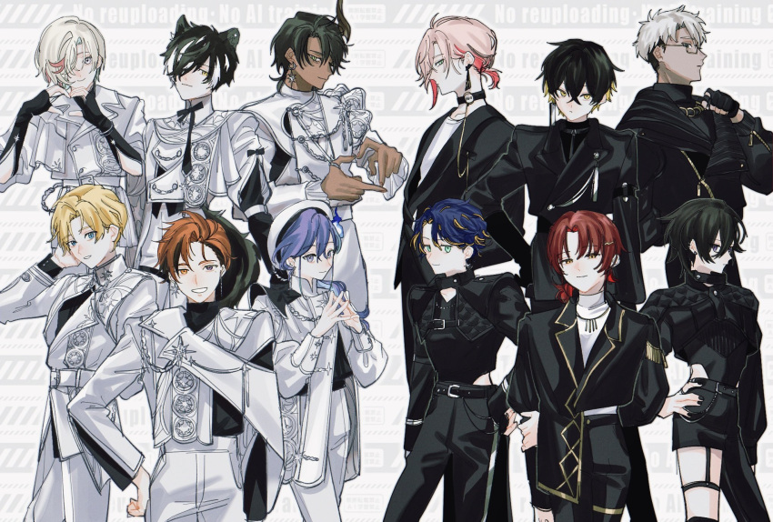 6+boys, ;), adapted_costume, adjusting_necklace, aiguillette, alternate_costume, animal_ears, aqua_hair