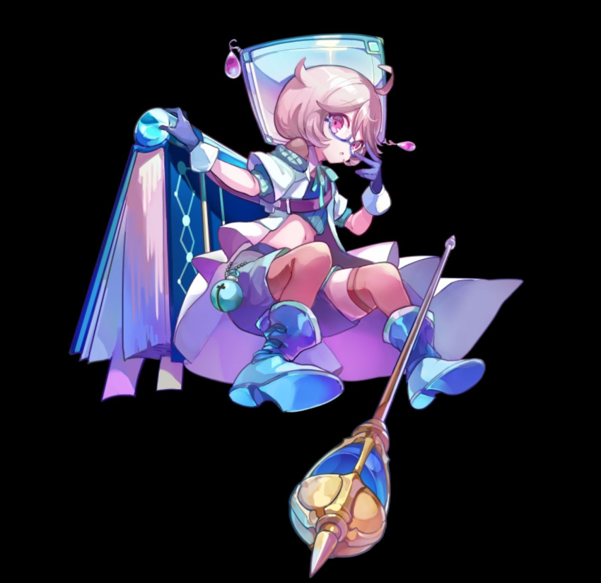 :o, ahoge, bell, belt, black_background, blue_boots, blue_gloves, blue_hat, blue_shorts, bob_cut, book, boots, brown_belt, coat, crop_top, cymerica_(merc_storia), full_body, gloves, green_sweater, hair_between_eyes, hat, highres, looking_at_viewer, merc_storia, merc_storia_art_team, navel, official_art, open_clothes, open_coat, pink_eyes, pink_hair, rod, short_hair, short_sleeves, shorts, simple_background, solo, sweater, tachi-e, white_coat