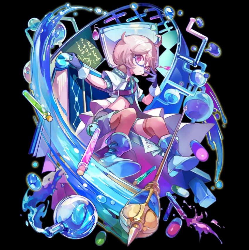 :o, ahoge, bell, belt, black_background, blue_boots, blue_gloves, blue_hat