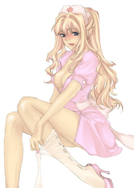 1girl, blonde_hair, blue_eyes, blush, breasts, cleavage, dress, hat