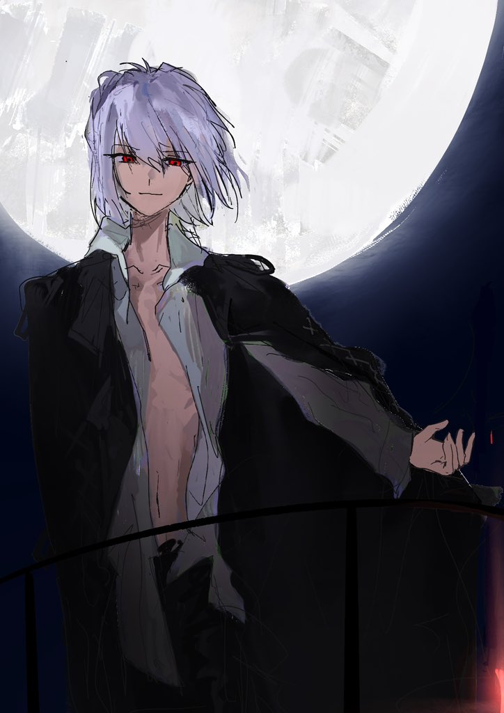 1boy, arm_at_side, black_coat, black_pants, coat, collared_shirt, commentary_request, cosplay, full_moon, hair_between_eyes, long_coat, male_focus, medium_hair, michael_roa_valdamjong, michael_roa_valdamjong_(cosplay), moon, night, official_alternate_costume, open_clothes, open_fly, open_shirt, overcoat, pants, possessed, red_eyes, rong301718, scene_reference, shirt, smile, standing, tohno_shiki_(2), tsukihime, white_hair, white_shirt