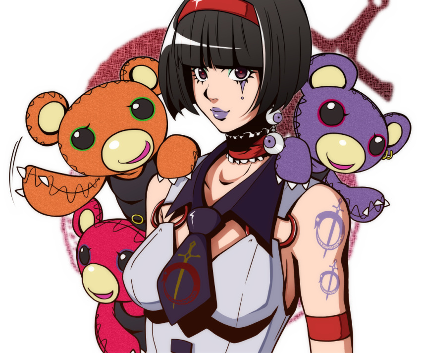 black_hair, bob_cut, breasts, earrings, eyelashes, facial_mark, hairband, headband, jewelry, kriem, lipstick, mad_bear_(tiger_&amp;_bunny), makeup, necktie, red_eyes, short_hair, solo, someko1, tattoo, tiger_&amp;_bunny