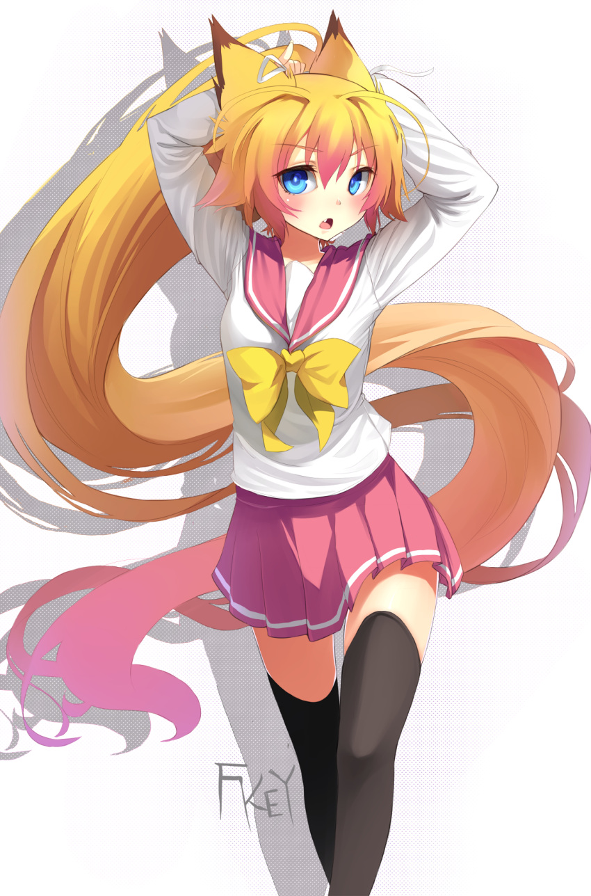 andou_mirai, animal_ears, arms_behind_head, black_legwear, blonde_hair, blue_eyes, blush, bow