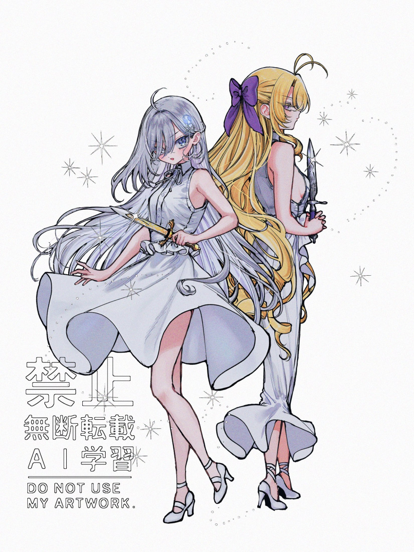 2girls, bare_shoulders, blonde_hair, bow, commentary, dress, full_body, hair_bow