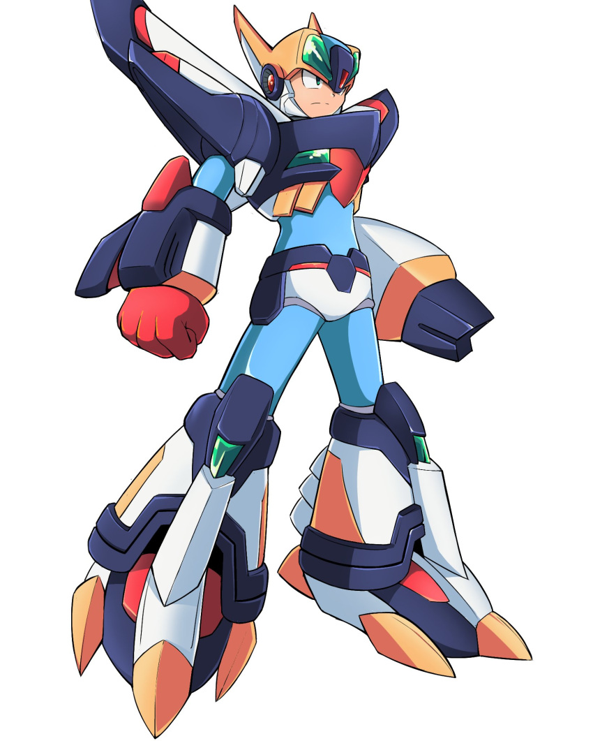1boy, arm_cannon, armor, black_armor, clenched_hand, closed_mouth, falcon_armor_x_(mega_man), forehead_jewel