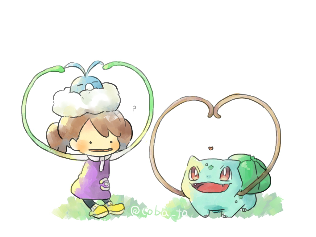 1girl, bright_pupils, brown_hair, bulbasaur, claws, coba_to_coba, commentary_request, ditto