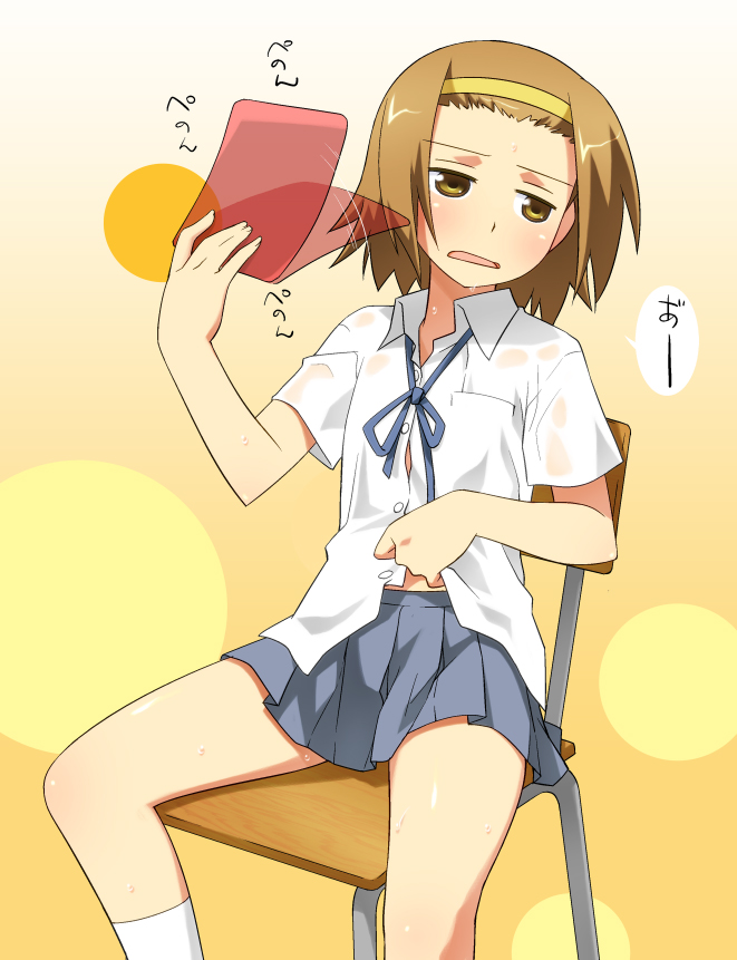 bad_id, blush, brown_eyes, brown_hair, dress_shirt, fanning, hairband, hot