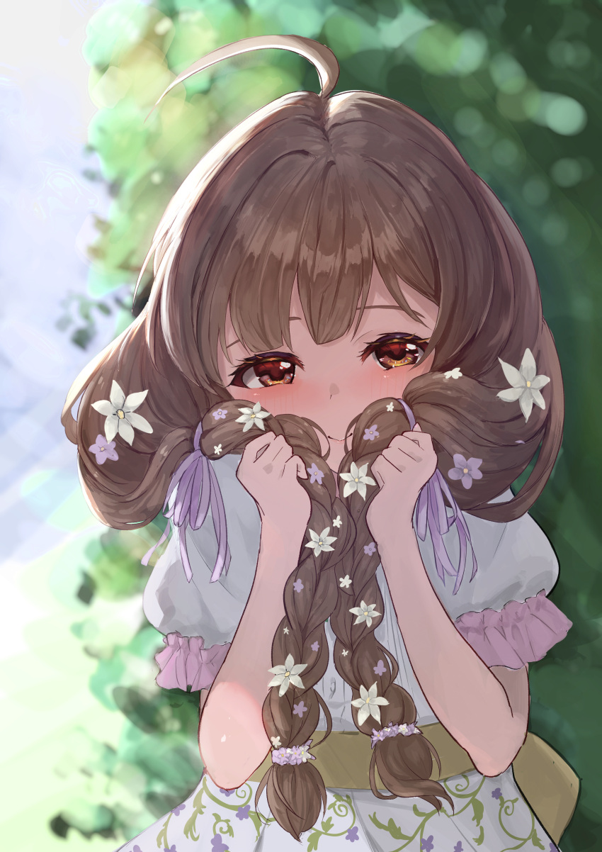 1girl, absurdres, ahoge, blush, braid, brown_eyes, brown_hair, cannon_fodder