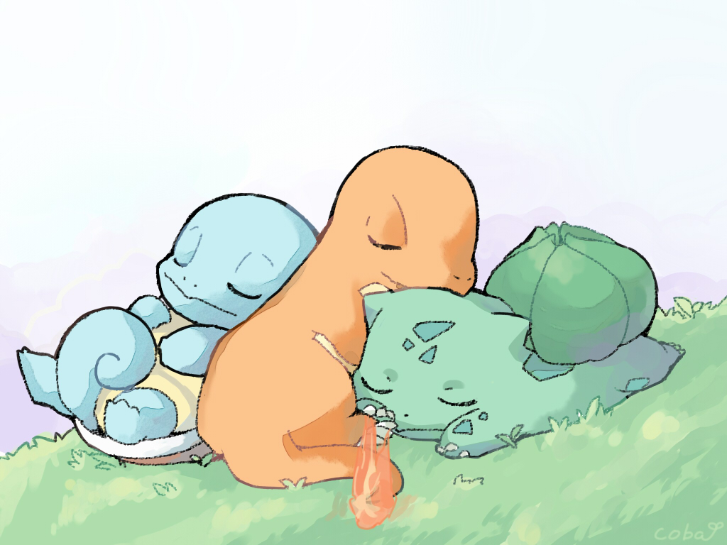 animal_focus, bulbasaur, charmander, closed_eyes, closed_mouth, coba_to_coba, commentary_request, fire