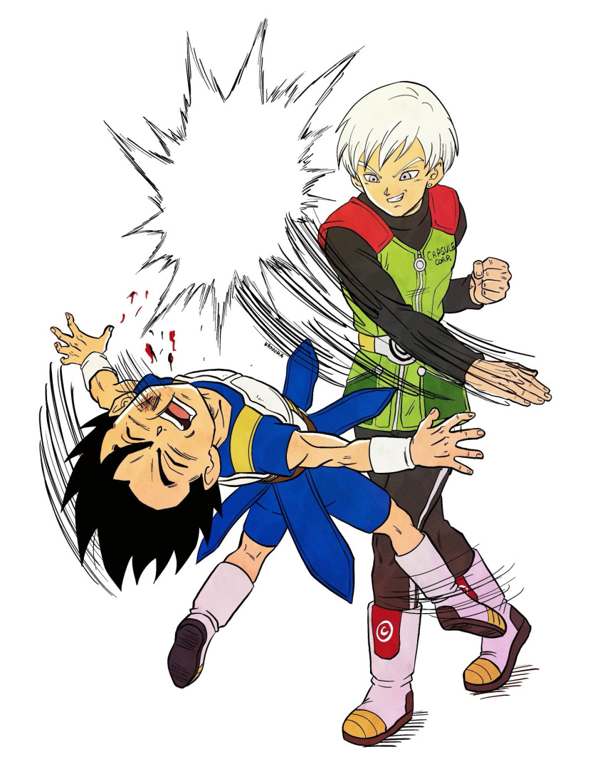 2boys, armor, black_bodysuit, black_hair, bodysuit, boots, cabba, clenched_hand, dragon_ball, dragon_ball_age_1000, dragon_ball_super, green_vest, grey_hair, hashtag-only_commentary, highres, male_focus, multiple_boys, naouuma_art, red_vest, saiyan_armor, short_hair, simple_background, slapping, smirk, spiky_hair, standing, vest, white_armor, white_background, white_boots