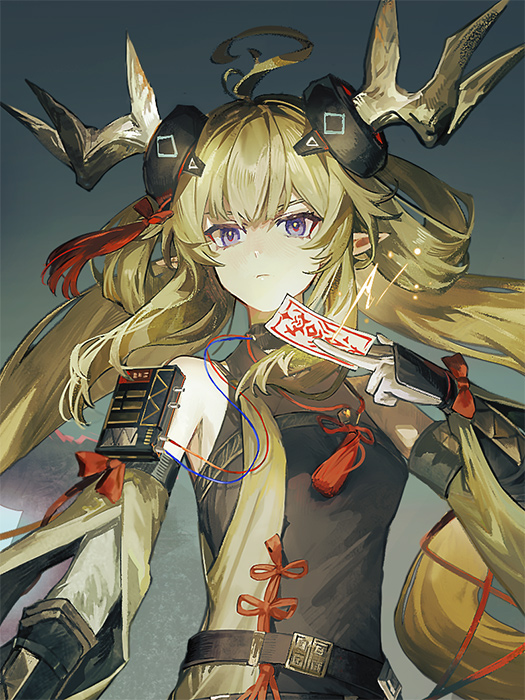 1girl, ahoge, arknights, bare_shoulders, black_dress, blonde_hair, breasts, chibi_(shimon)