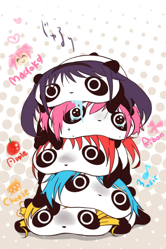 akemi_homura, black_hair, blonde_hair, blue_hair, crossover, drill_hair, engrish, hair_ornament