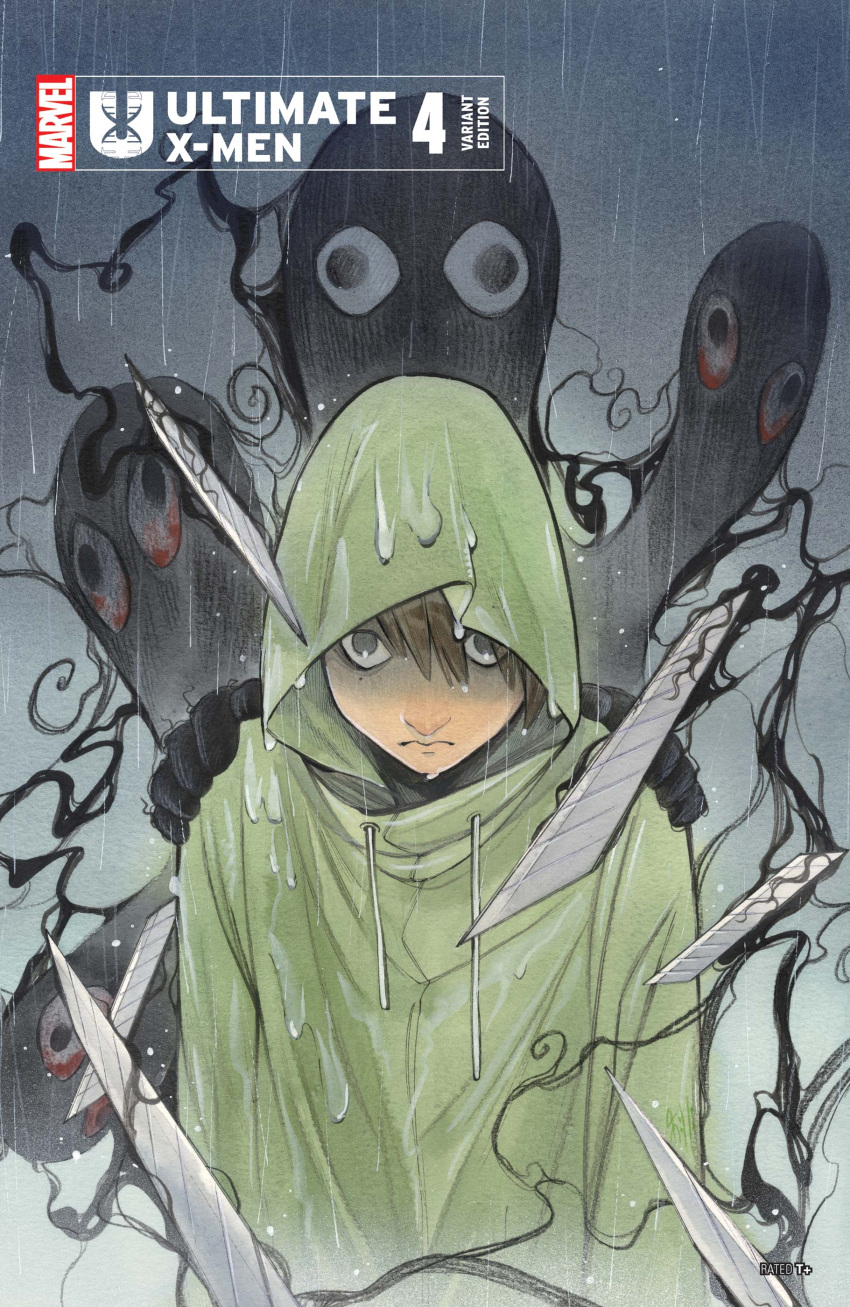 1boy, absurdres, bloodshot_eyes, boxcutter, brown_hair, comic_cover, company_name, copyright_logo