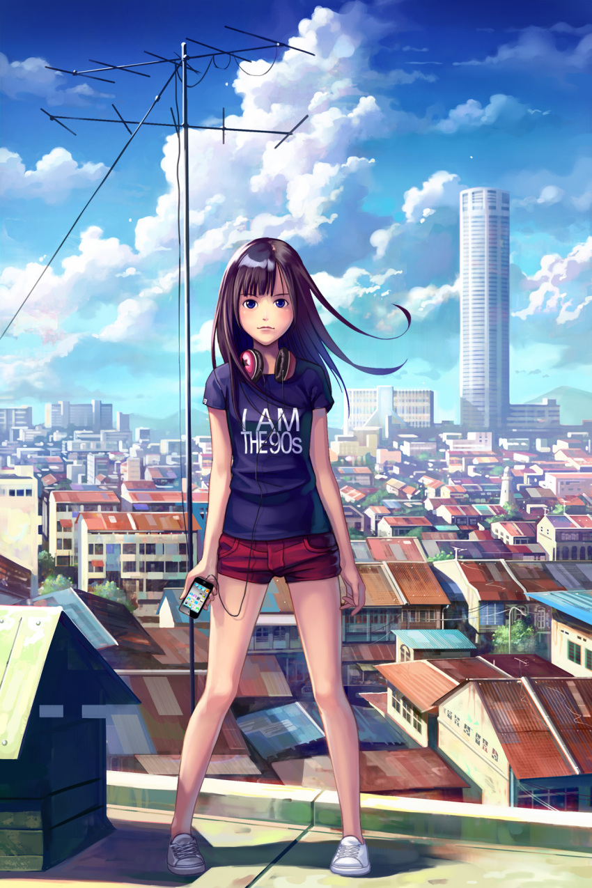 brown_hair, casual, chong_feigiap, highres, ipod_touch, original, rooftop, shirt