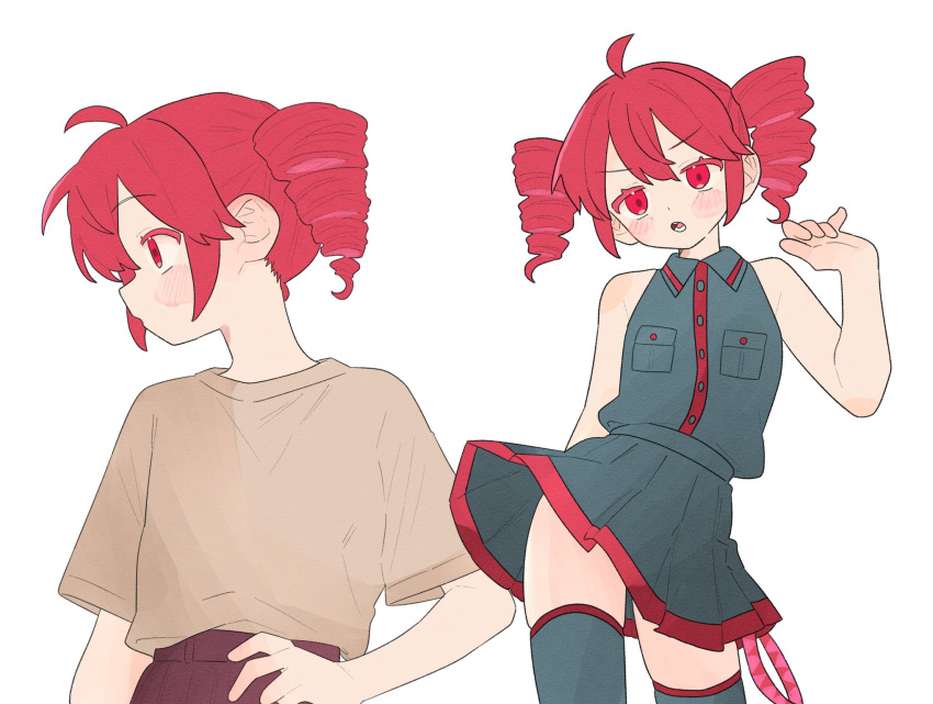 2girls, ahoge, bare_shoulders, black_skirt, black_thighhighs, blush, brown_shirt, collared_shirt