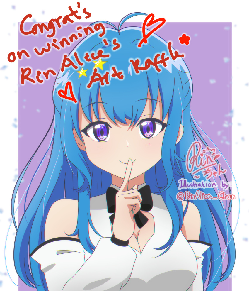 1girl, absurdres, antenna_hair, asamistuff, black_bow, black_bowtie, blue_hair, border