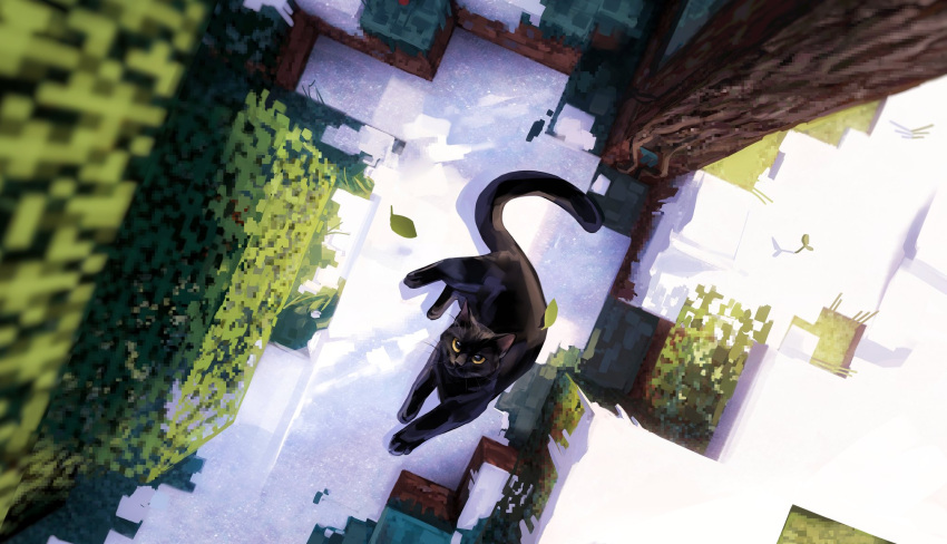 animal_focus, black_cat, bwspace69, cat, commentary, day, falling_leaves, from_above, full_body, grass, highres, landscape, leaf, minecraft, no_humans, original, outdoors, painterly, scenery, snow, symbol-only_commentary, tree