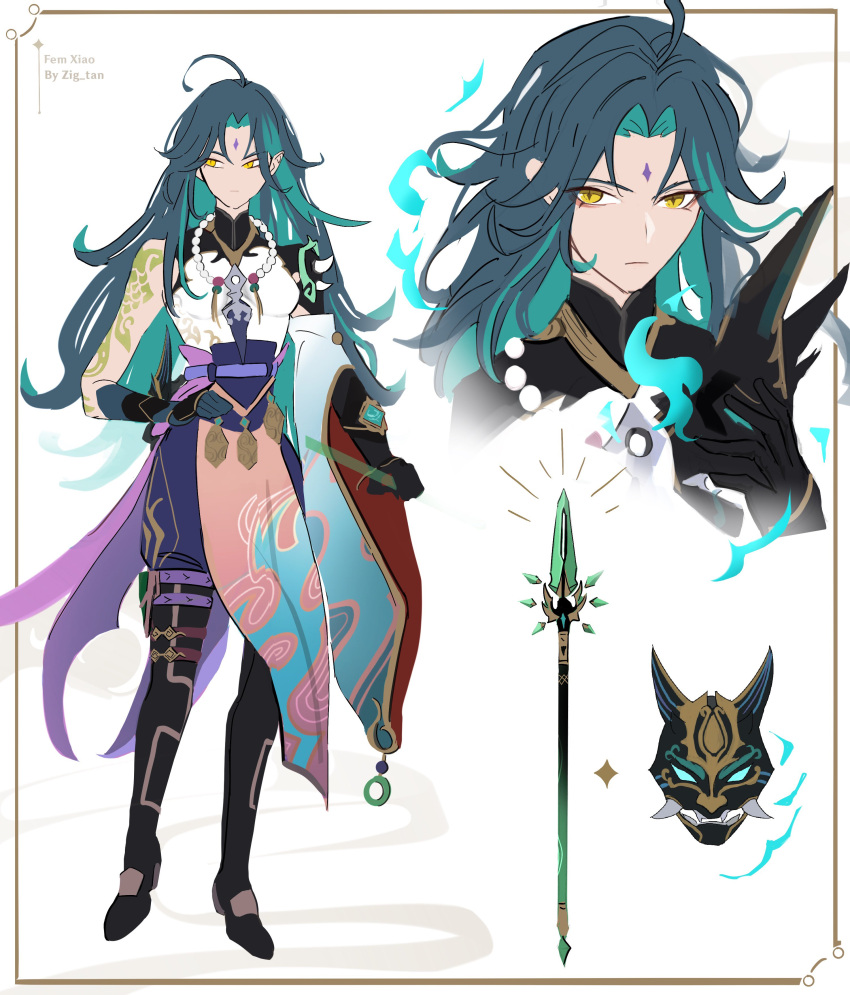 1girl, absurdres, ahoge, arm_tattoo, artist_name, bead_necklace, beads, black_boots