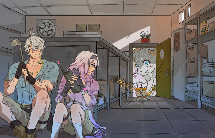 1boy, 1girl, absurdres, alternate_costume, antenna_hair, black_gloves, black_hairband, black_socks