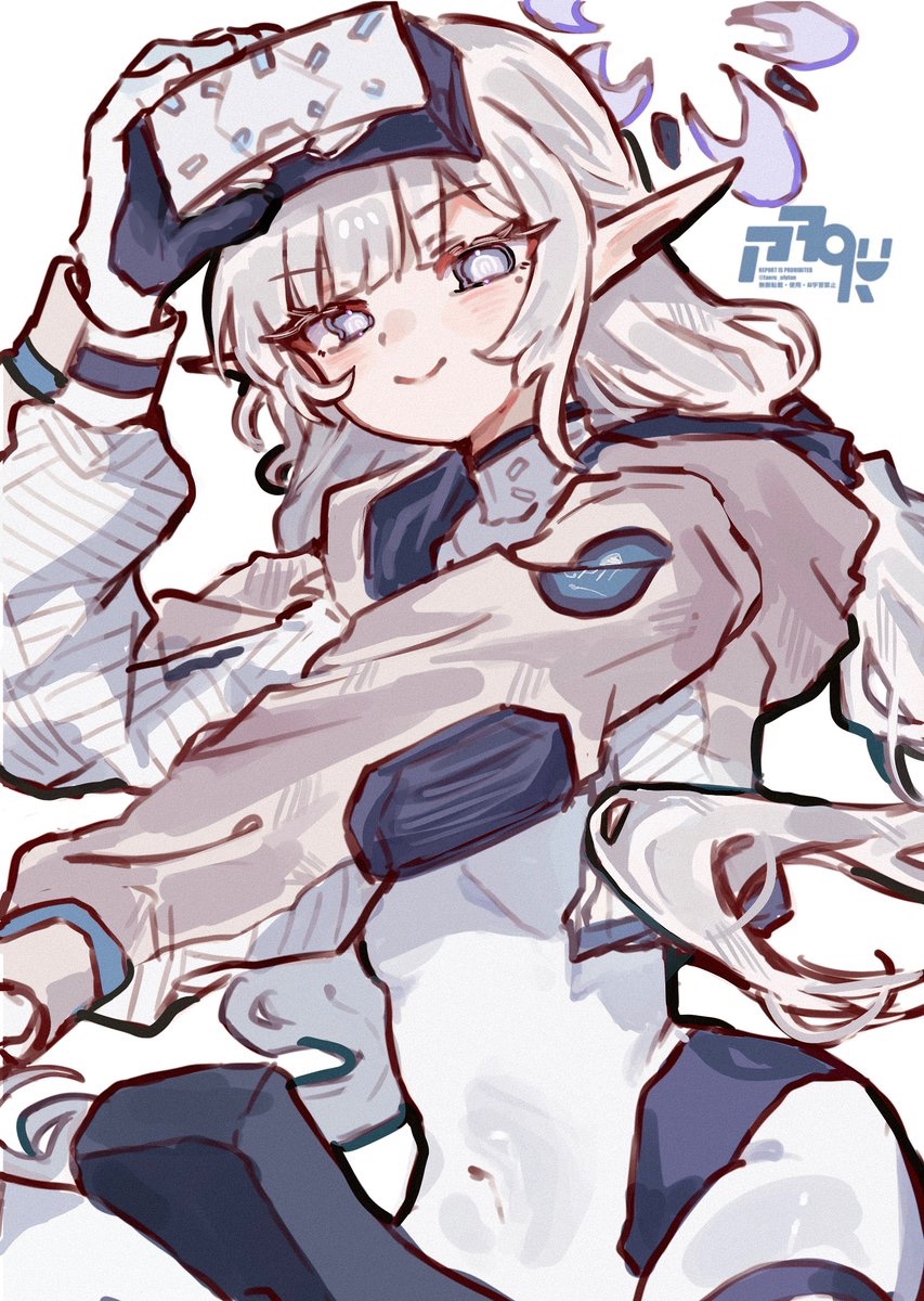 1girl, adjusting_goggles, black_gloves, blue_archive, blunt_bangs, blush, bodysuit, breasts