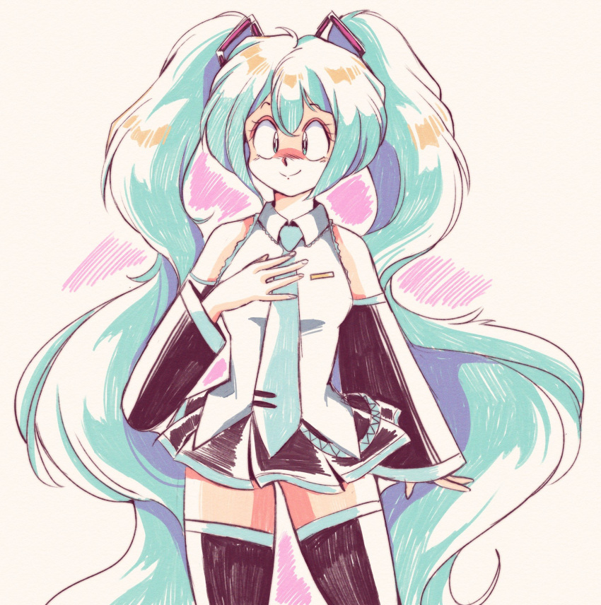 1980s_(style), 1girl, aqua_hair, aqua_necktie, bare_shoulders, commentary, detached_sleeves, eyelashes