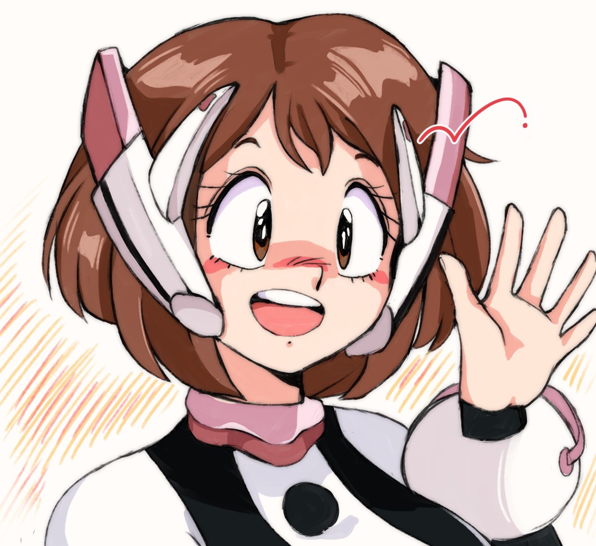 1980s_(style), 1girl, blush, boku_no_hero_academia, brown_eyes, brown_hair, commentary, commission
