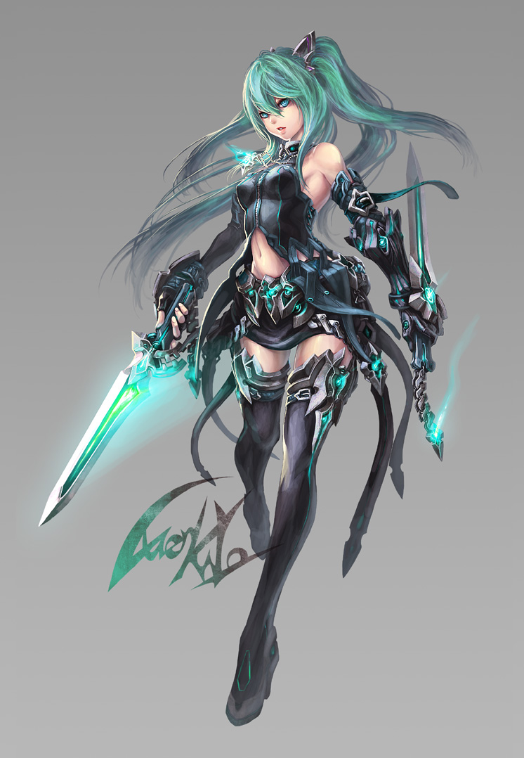 alternate_outfit, aqua_hair, artist_request, asymmetrical_clothing, bare_shoulders, breasts, dagger, dual_wielding, fingerless_gloves, gloves, hatsune_miku, jewelry, long_hair, luen_kulo, navel, necklace, original, solo, standing, thigh-highs, thighhighs, twintails, vocaloid, weapon, zettai_ryouiki