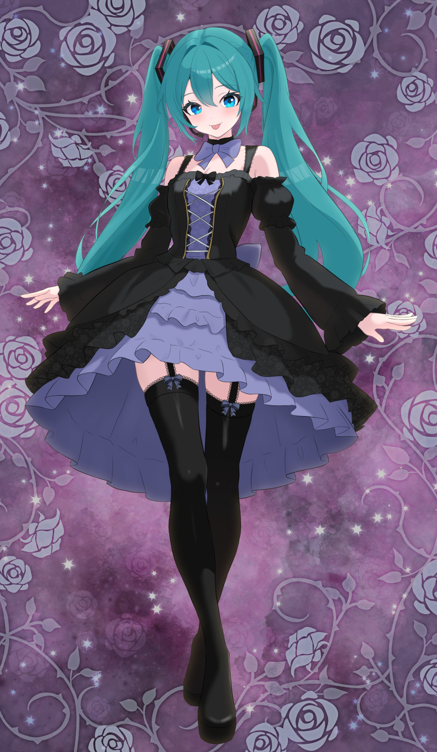 1girl, absurdres, aqua_hair, black_dress, black_shoes, black_sleeves, black_thighhighs, blue_eyes, blush, bow, bowtie, commentary_request, dress, full_body, futatunoniji, hair_ornament, hatsune_miku, highres, long_hair, looking_at_viewer, purple_bow, purple_bowtie, shoes, sleeveless, sleeveless_dress, smile, solo, thigh-highs, tongue, tongue_out, twintails, very_long_hair, vocaloid, white_background