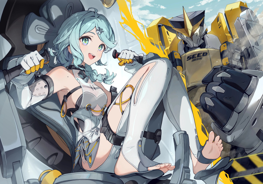 1boy, 1girl, braided_ponytail, long_hair, mecha, seed_(zenless_zone_zero), seed_sr., zenless_zone_zero