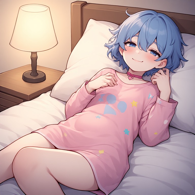 1boy, adorable, ai_generated, arms_up, bed, blue_hair, blush, choker