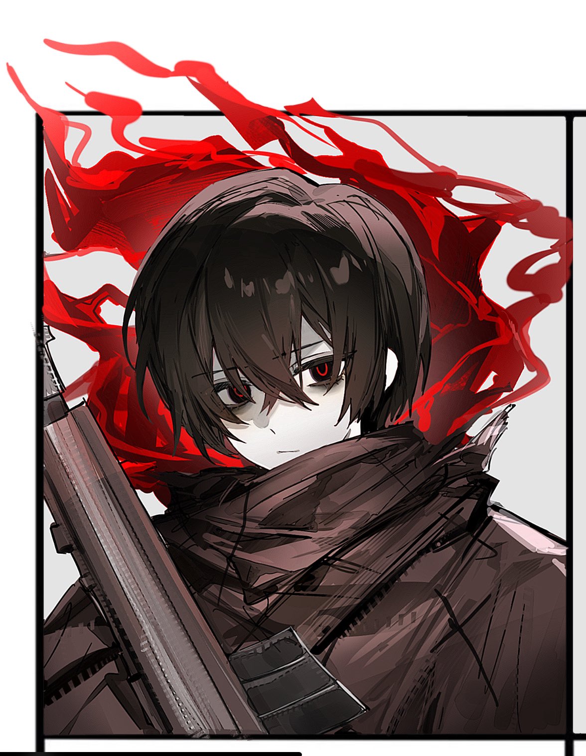 1boy, bags_under_eyes, black_eyes, bochishiraita, brown_coat, brown_hair, brown_scarf, coat