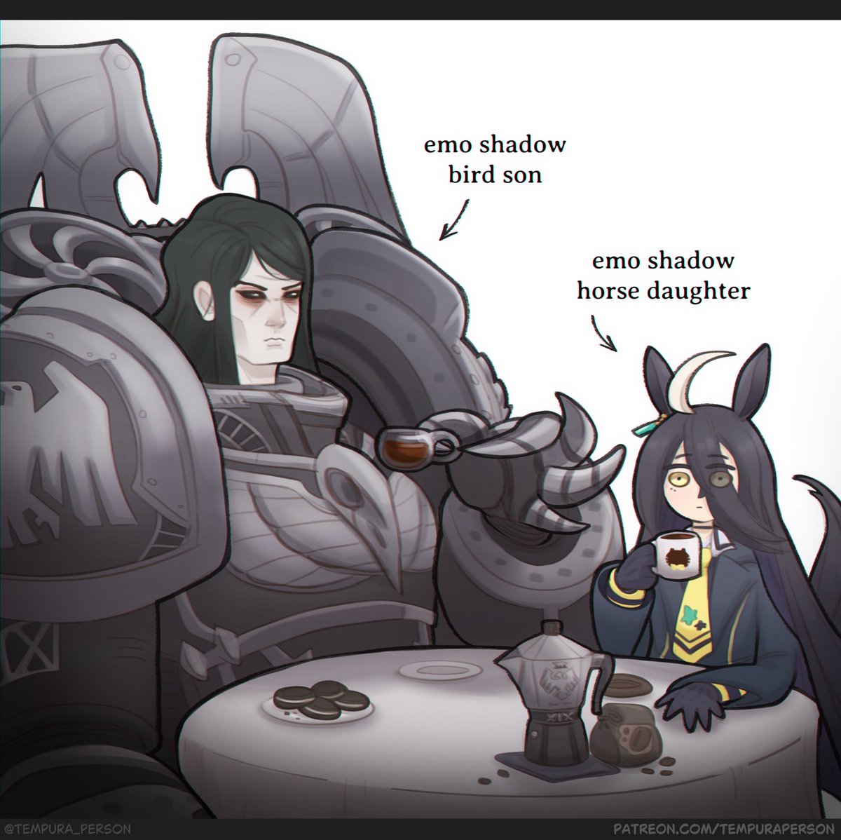 1boy, 1girl, armor, black_hair, black_sclera, coffee_beans, coffee_mug, colored_sclera