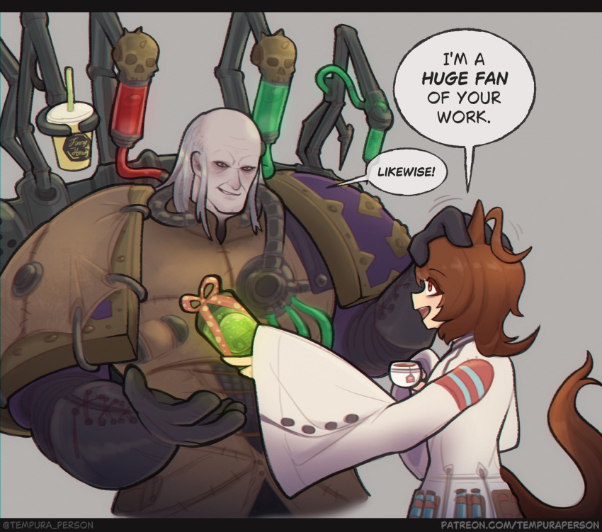 1boy, 1girl, agnes_tachyon_(tach-nology)_(umamusume), agnes_tachyon_(umamusume), animal_ears, armor, brown_hair, commentary