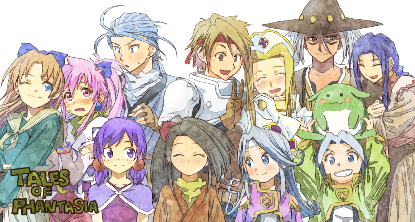 :d, ;), arche_klein, armor, arms_up, blonde_hair, blue_bow, blue_eyes