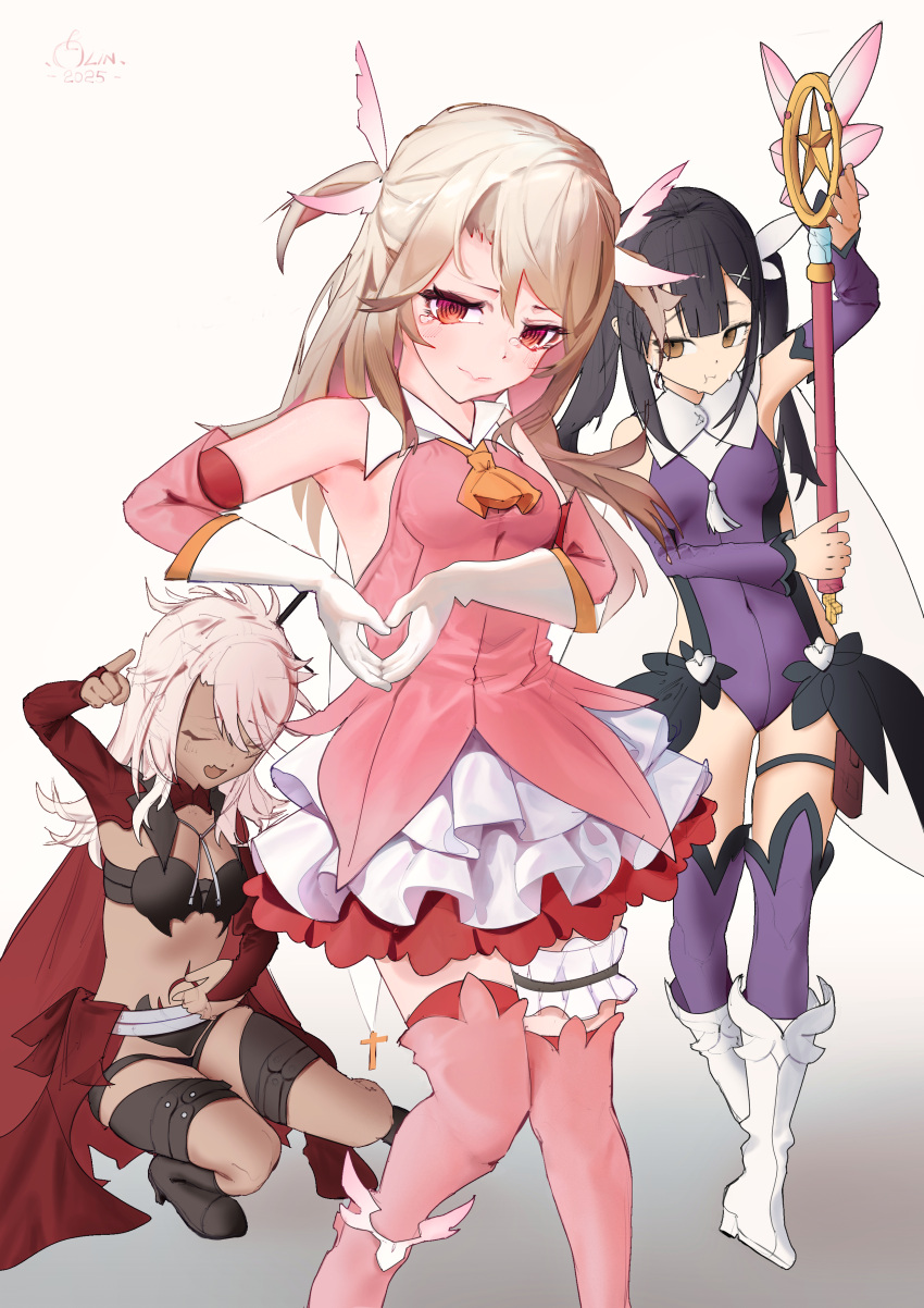 3girls, absurdres, applelin, black_hair, boots, chloe_von_einzbern, commentary_request, dark_skin