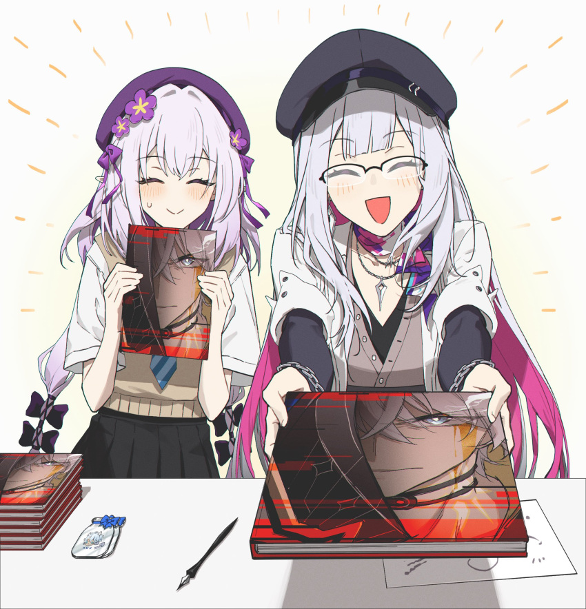 2girls, ^_^, beret, blunt_bangs, blush, book, bow, castorice_(honkai:_star_rail)
