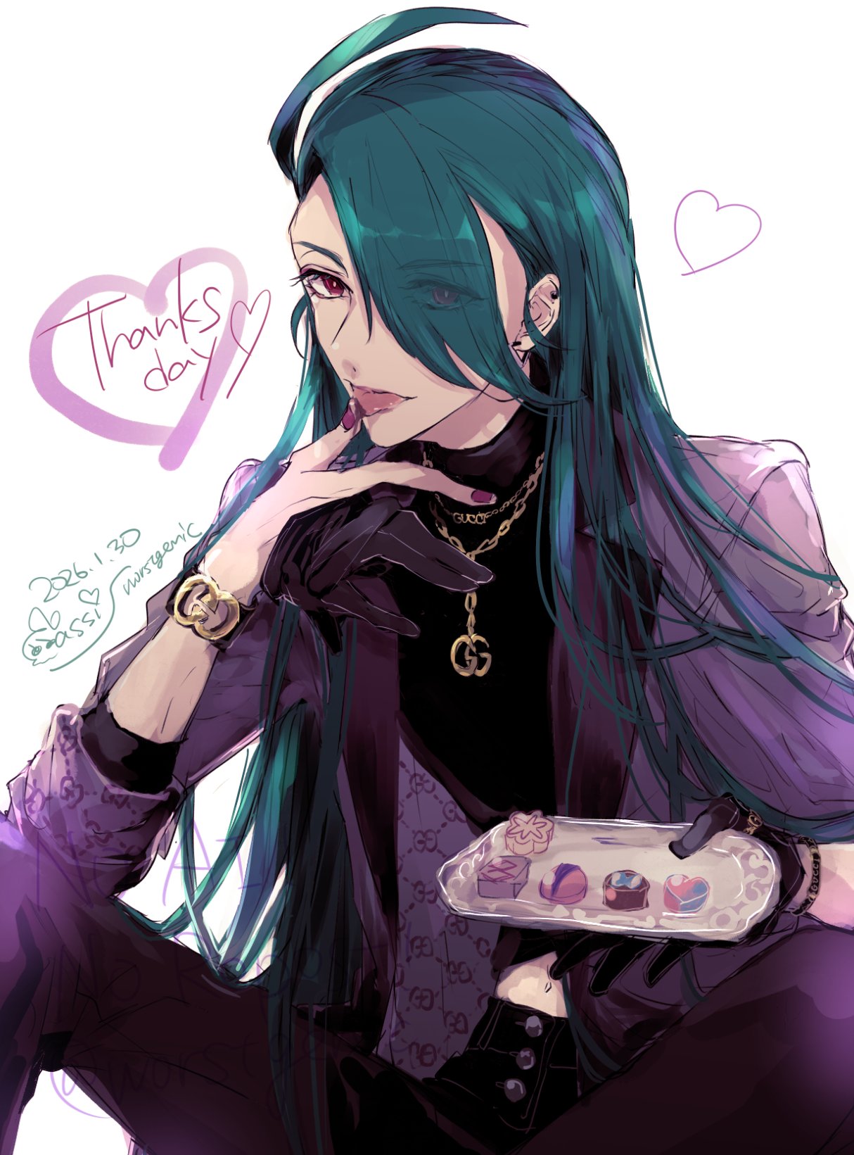 1girl, androgynous, black_gloves, black_pants, black_shirt, bracelet, candy, chocolate, clothing_cutout, commentary_request, earrings, english_text, eyes_visible_through_hair, food, gloves, green_hair, hair_over_one_eye, heart, heart-shaped_chocolate, heart-shaped_food, highres, holding, holding_tray, jacket, jewelry, judas_worst, long_hair, looking_at_viewer, midriff, nail_polish, navel, navel_cutout, necklace, official_alternate_costume, official_alternate_hairstyle, pants, pokemon, pokemon_masters_ex, pokemon_sv, purple_jacket, red_eyes, red_nails, rika_(palentine's_2026)_(pokemon), rika_(pokemon), shirt, single_unworn_glove, solo, tongue, tongue_out, tray, turtleneck, valentine, very_long_hair