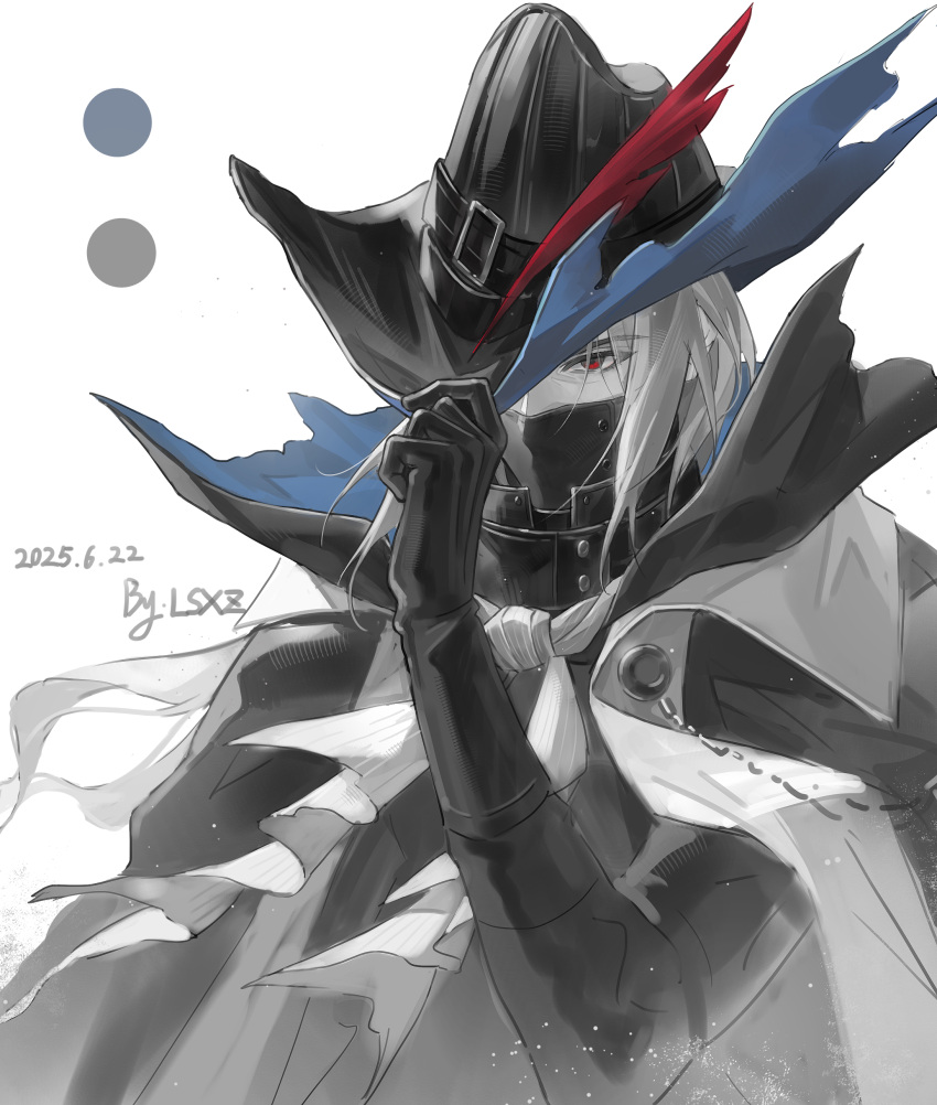 1boy, absurdres, adjusting_clothes, adjusting_headwear, arknights, cape, chinese_commentary, cloak
