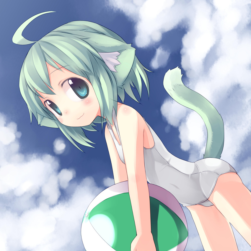 ahoge, animal_ears, ball, beachball, dog_ears, dutch_angle, green_eyes, green_hair