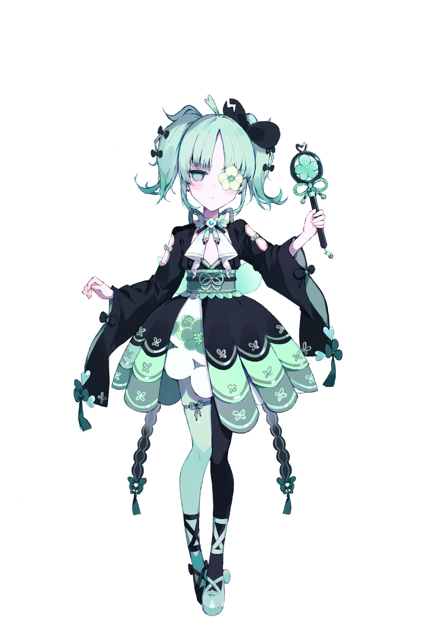 1girl, absurdres, ahoge, asymmetrical_footwear, asymmetrical_legwear, black_bow, black_dress, black_shoes