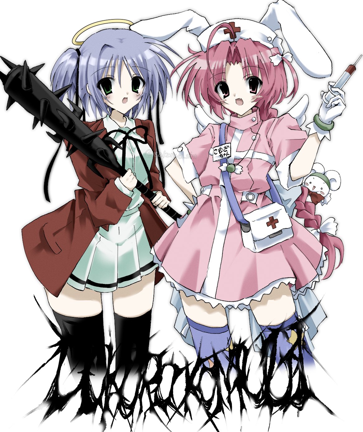 2000s_(style), 2girls, ahoge, angel_wings, animal_ears, black_ribbon, black_thighhighs, bokusatsu_tenshi_dokuro-chan