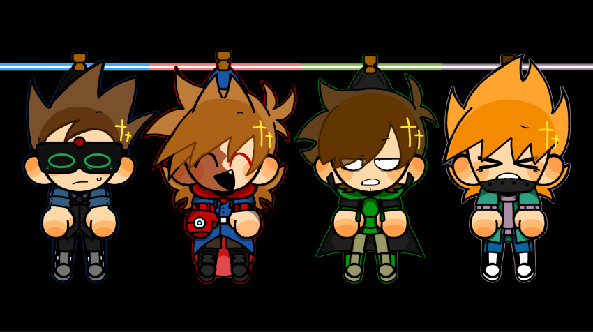 >_<, 4boys, ^_^, annoyed, antenna_hair, black_background, black_boots, black_coat