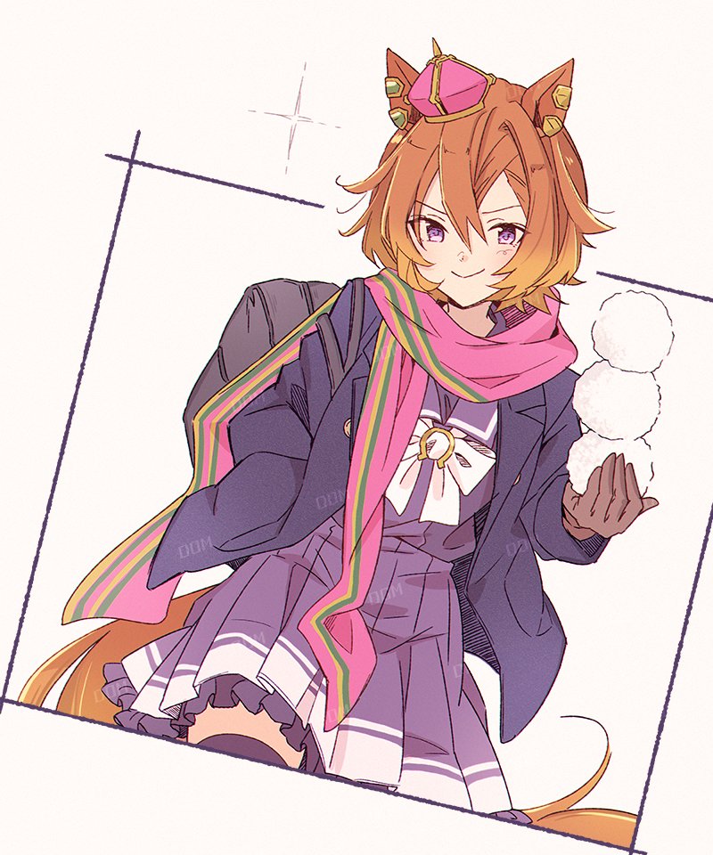 1girl, animal_ears, bag, blue_coat, blush, bow, bowtie, breasts, brown_gloves, buttons, closed_mouth, coat, commentary_request, crown, domdam80, double-breasted, gloves, hair_between_eyes, hand_in_pocket, holding, holding_snowball, horse_ears, horse_girl, horse_tail, long_sleeves, looking_at_viewer, mini_crown, open_clothes, open_coat, orange_hair, orange_tail, pink_crown, pink_scarf, pleated_skirt, purple_sailor_collar, purple_serafuku, purple_shirt, purple_skirt, purple_thighhighs, sailor_collar, scarf, school_bag, school_uniform, serafuku, shirt, short_hair, skirt, smile, snowball, solo, t.m._opera_o_(umamusume), tail, thigh-highs, tracen_school_uniform, tracen_winter_coat, umamusume, violet_eyes, white_bow, white_bowtie, winter_clothes, winter_coat, winter_uniform