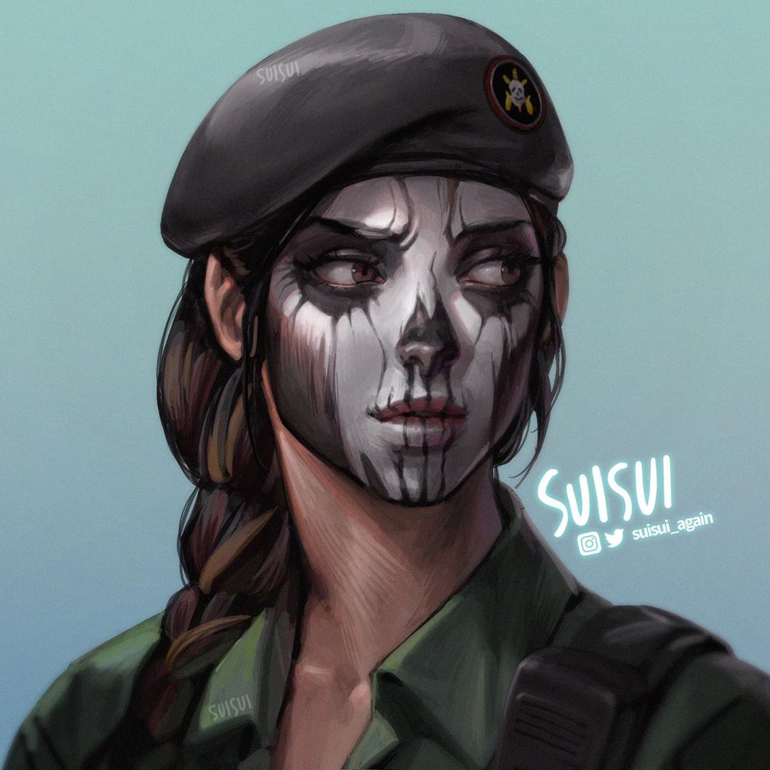 1girl, artist_name, beret, braid, brown_eyes, caveira_(rainbow_six_siege), facepaint, facing_viewer