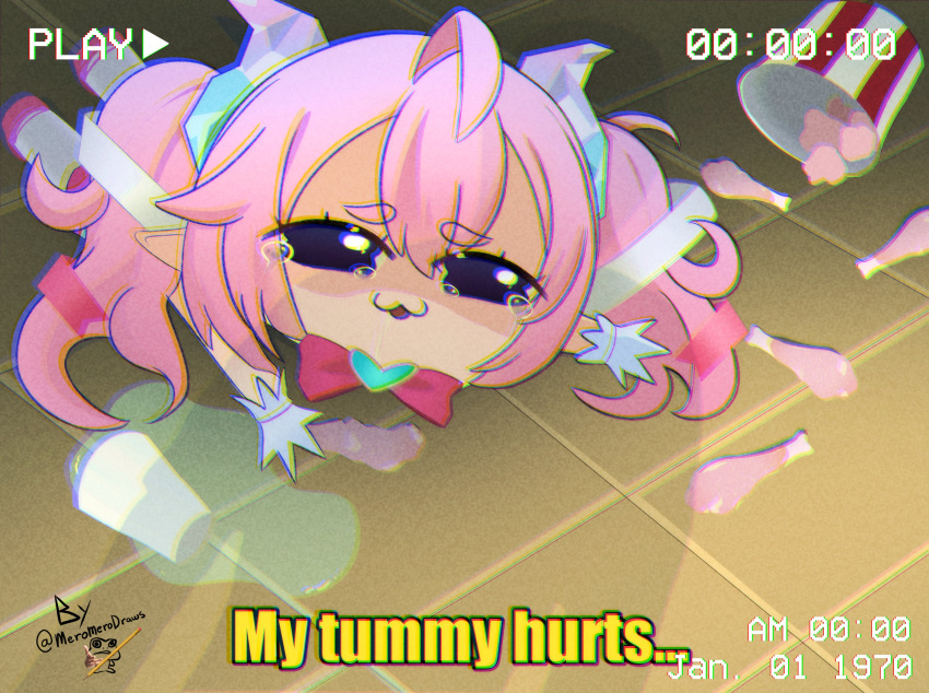 1girl, :3, absurdres, ahoge, chibidoki_(vtuber), chicken_(food), chromatic_aberration, crystal_horns, demon_girl, demon_horns, film_grain, food, fried_chicken, gloves, heart, highres, horns, indie_virtual_youtuber, long_hair, looking_at_viewer, meromerodraws, on_floor, open_mouth, pink_hair, pointy_ears, smile, solo, twintails, virtual_youtuber, white_gloves