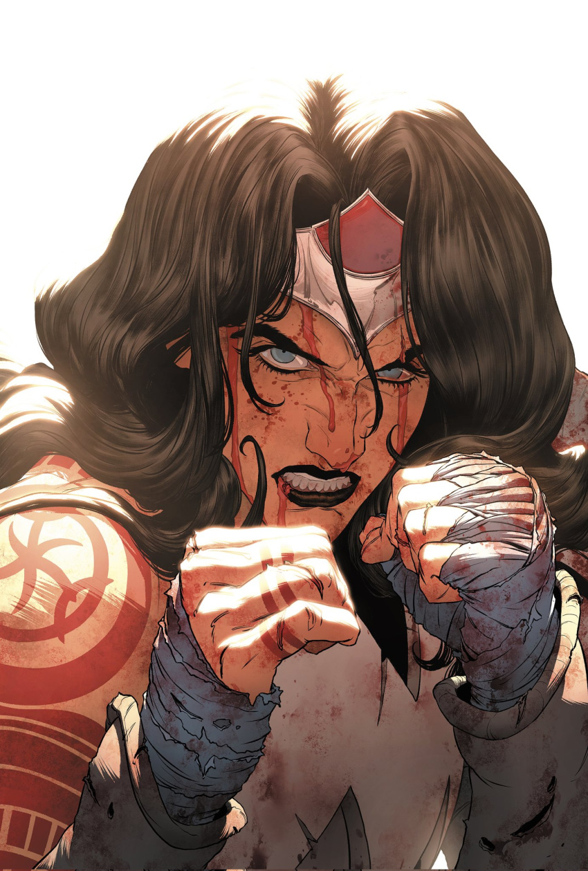 1girl, absolute_dc, absolute_wonder_woman, angry, arm_tattoo, backlighting, bandaged_hand, bandages