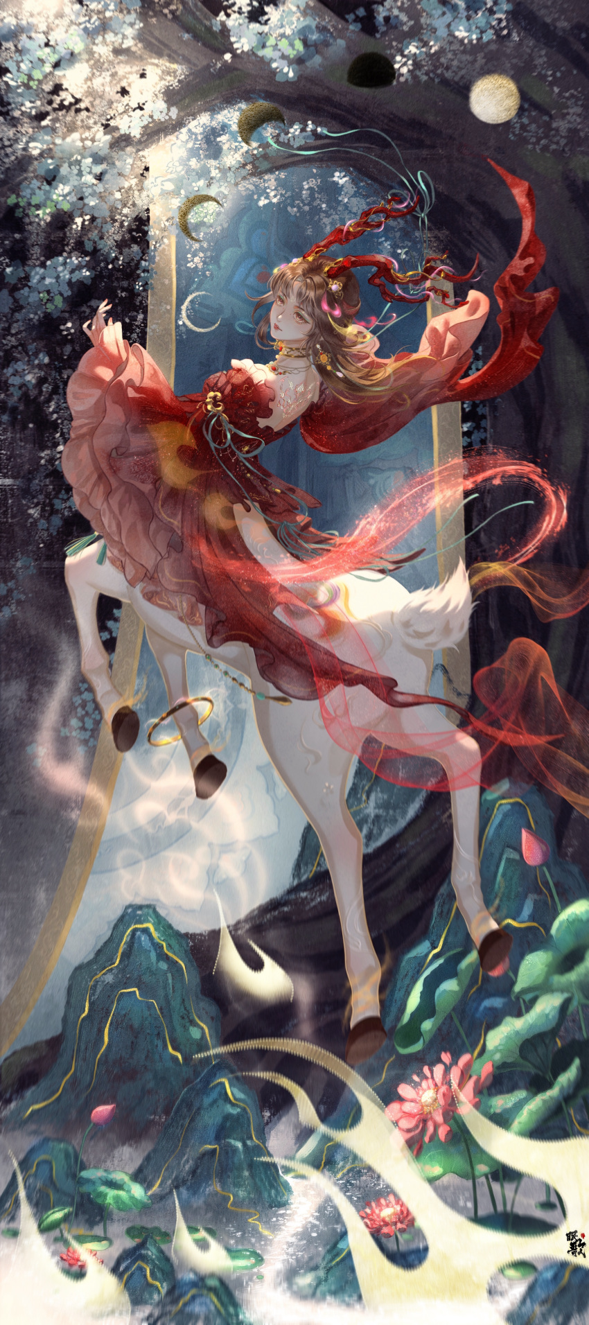 1girl, absurdres, ankle_ring, antlers, aqua_ribbon, brown_hair, centauroid, chinese_clothes