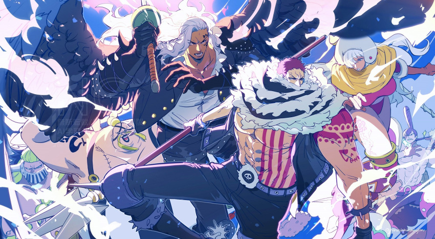 1girl, 6+boys, abs, arm_tattoo, black_wings, blonde_hair, boots, bracelet, brother_and_sister, charlotte_cracker, charlotte_katakuri, charlotte_smoothie, cigar, commentary, facial_hair, gloves, goatee, hair_over_one_eye, hat, highres, holding, holding_weapon, jack_(one_piece), jewelry, king_(one_piece), leather, leather_pants, leg_tattoo, leotard, multiple_boys, ninnnnnnnjin, one_piece, pants, purple_hair, queen_(one_piece), scar, scar_on_chest, shirt, siblings, spiked_bracelet, spikes, sweatdrop, tattoo, twitter_username, vest, weapon, white_hair, white_shirt, wings